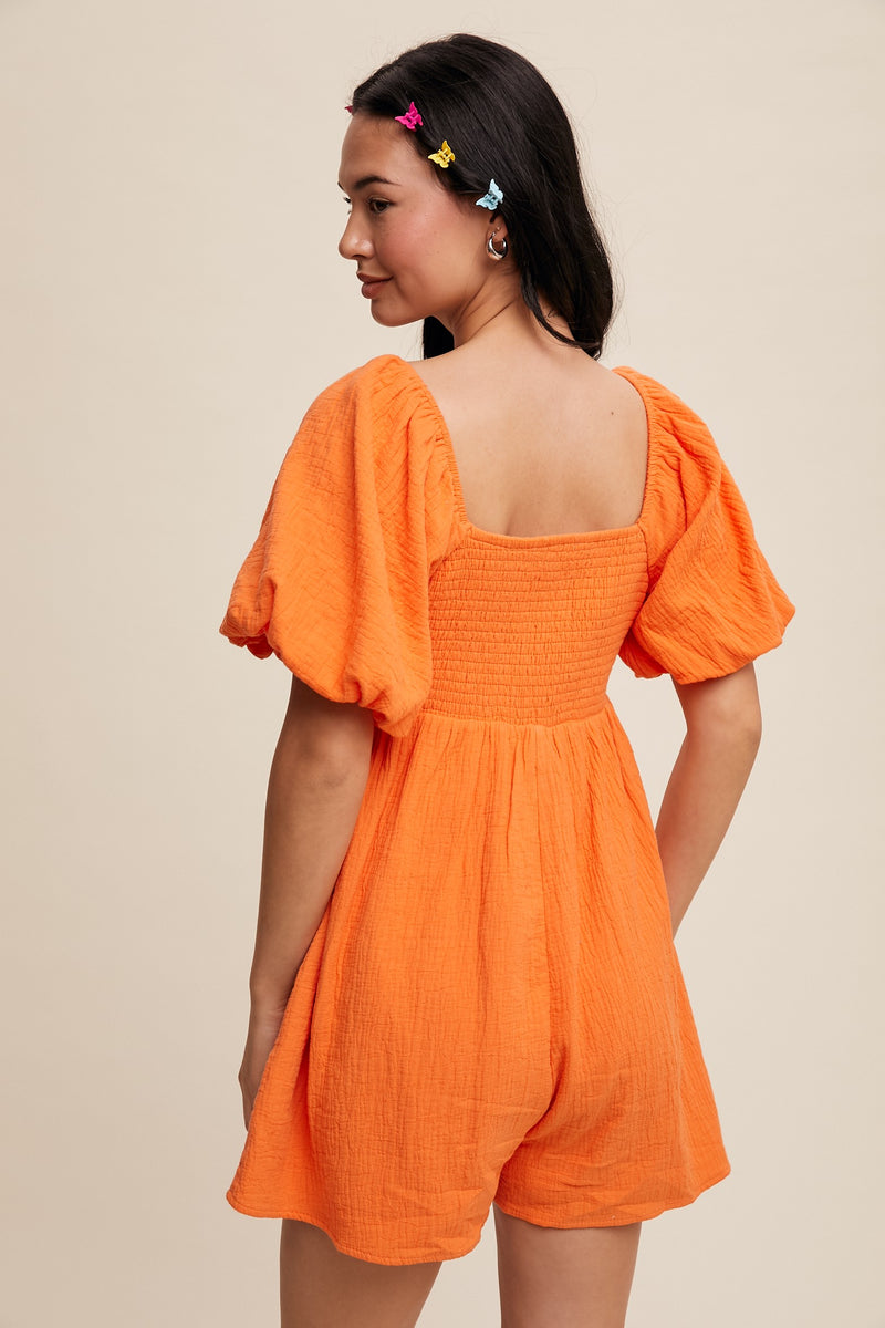 Square Neck Puff Sleeve Babydoll Romper in Orange- Final Sale