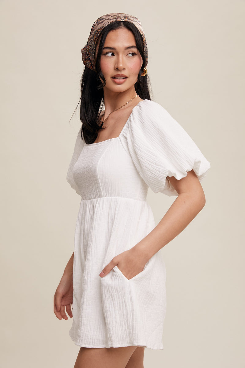 Square Neck Puff Sleeve Babydoll Romper in White- Final Sale