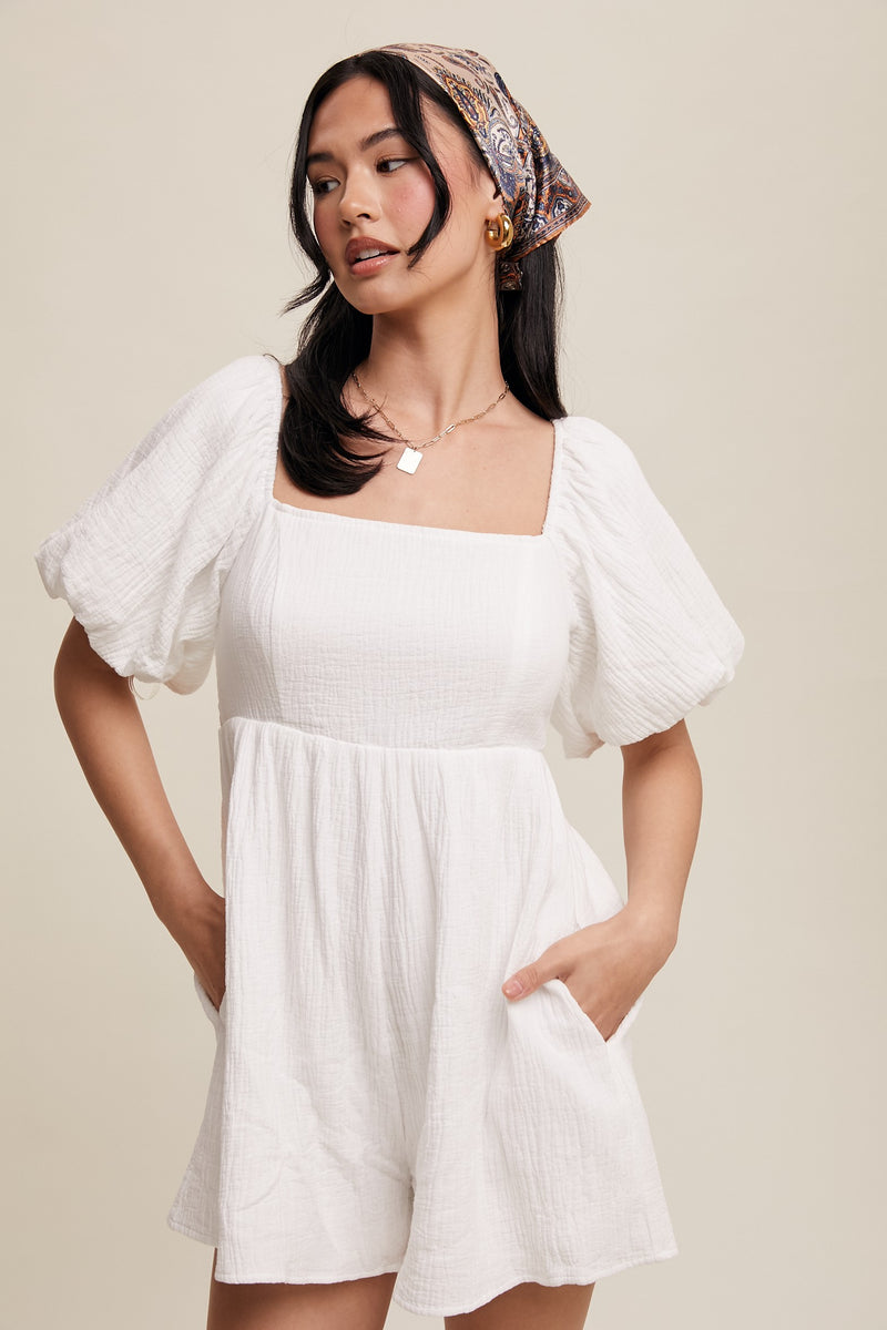 Square Neck Puff Sleeve Babydoll Romper in White- Final Sale