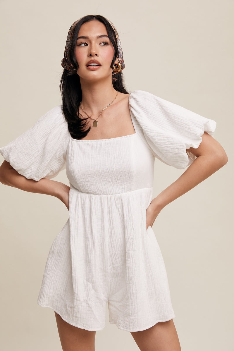 Square Neck Puff Sleeve Babydoll Romper in White- Final Sale