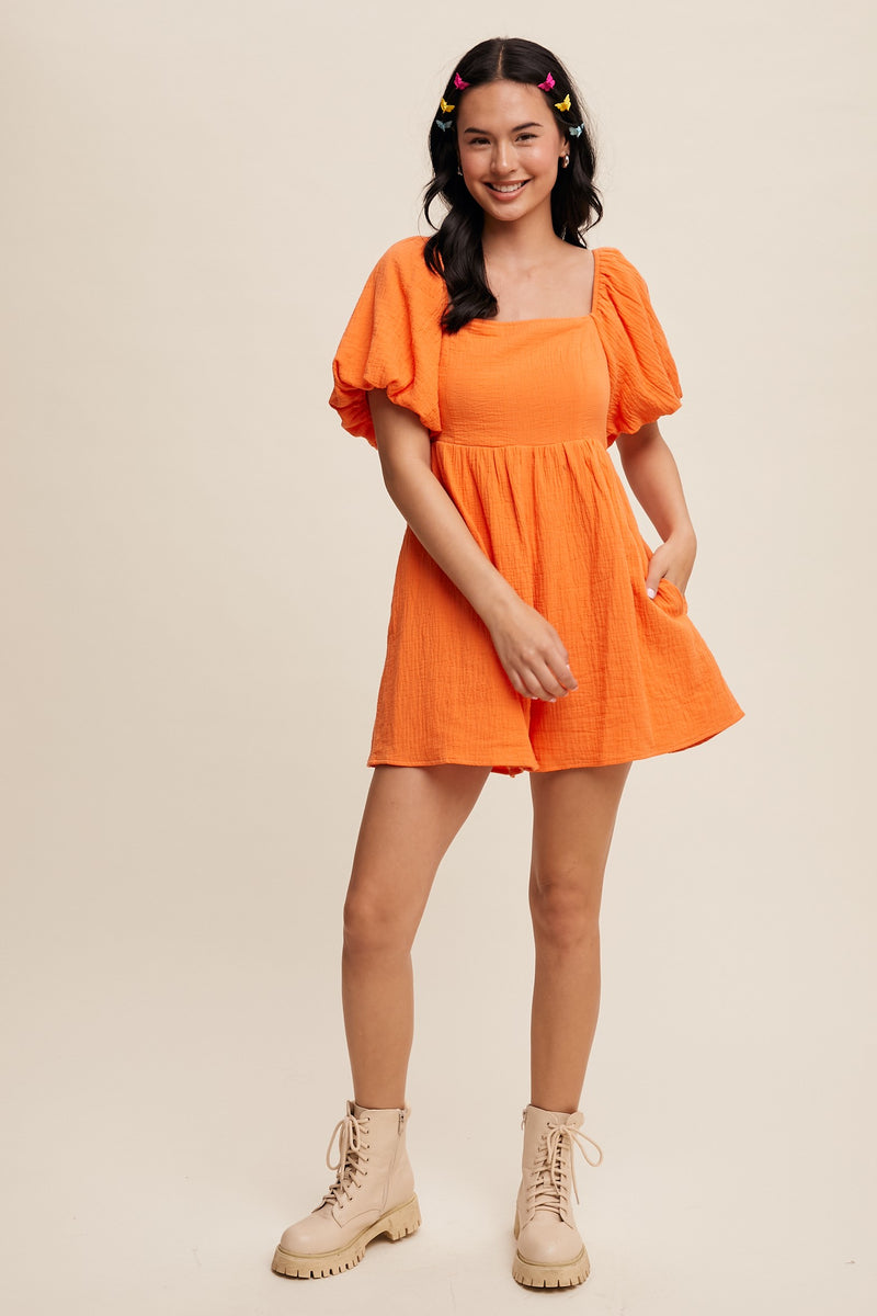 Square Neck Puff Sleeve Babydoll Romper in Orange- Final Sale