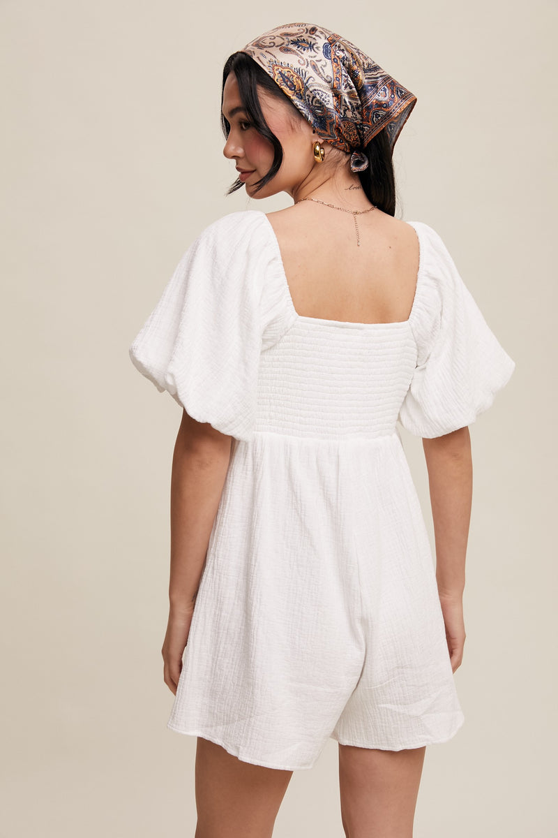 Square Neck Puff Sleeve Babydoll Romper in White- Final Sale