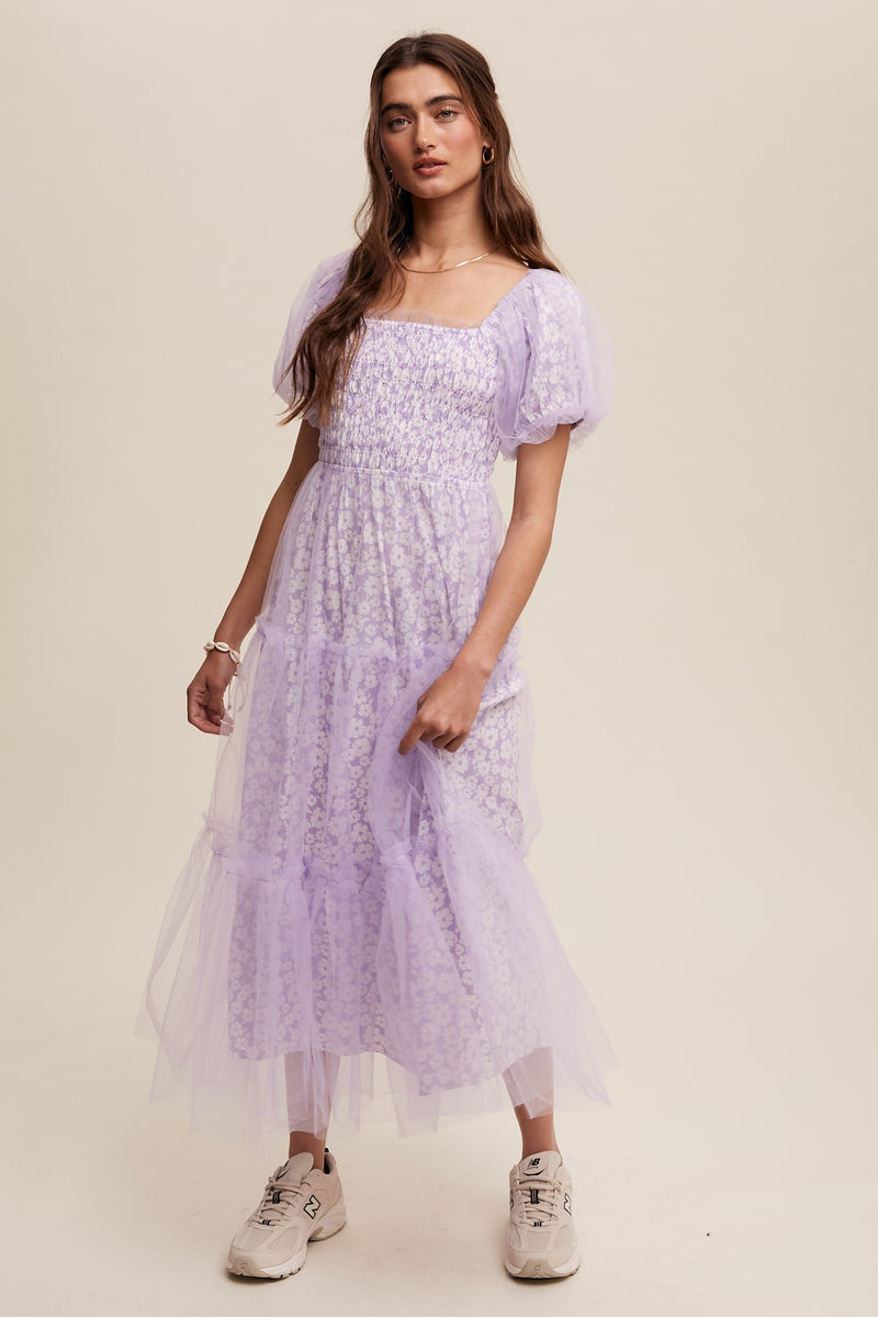 Floral Print and Mesh Puff Sleeve Maxi Dress in Lilac