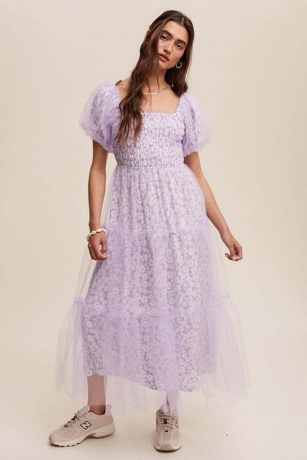 Floral Print and Mesh Puff Sleeve Maxi Dress in Lilac- Final Sale