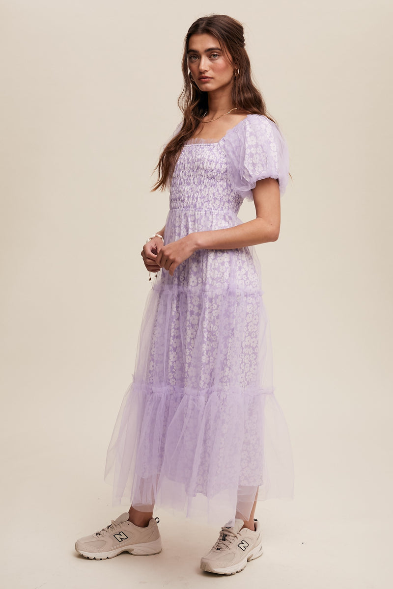 Floral Print and Mesh Puff Sleeve Maxi Dress in Lilac