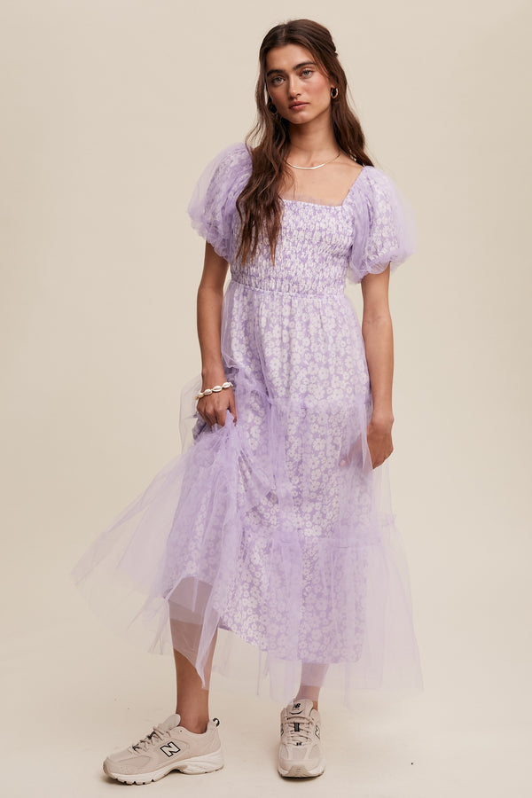 Floral Print and Mesh Puff Sleeve Maxi Dress in Lilac- Final Sale