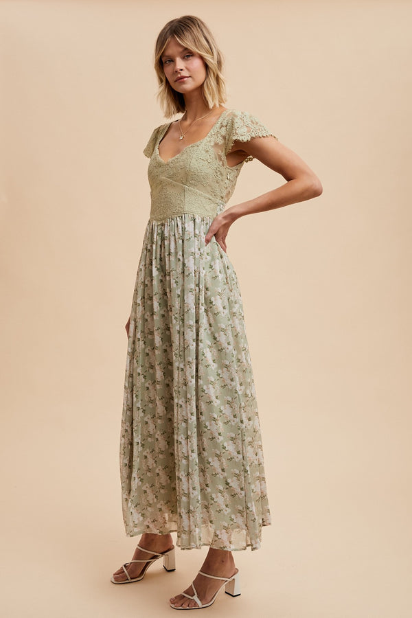 SCALLOPED LACE CONTRAST MAXI DRESS in Moss- Final Sale