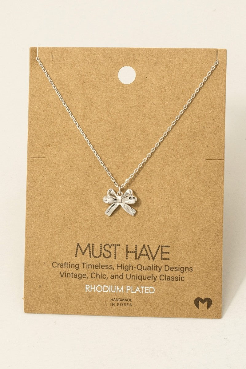 Ribbon Bow Pendant Necklace - Rhodium Plated