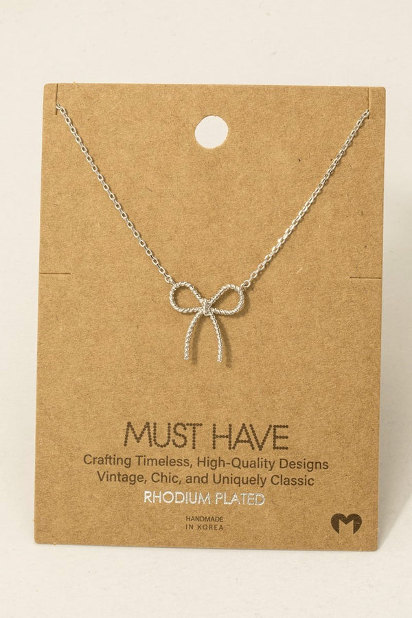 Textured Ribbon Bow Pendant Chain Necklace - Rhodium Plated