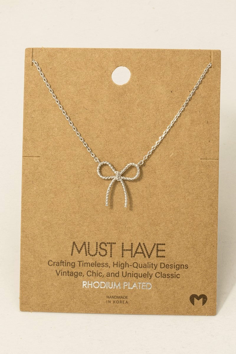 Textured Ribbon Bow Pendant Chain Necklace - Rhodium Plated