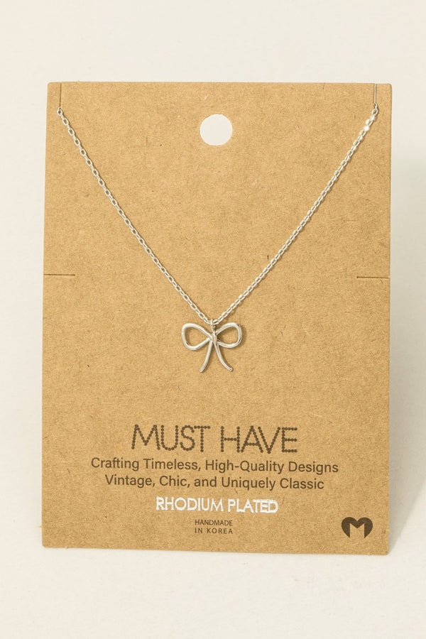 Wire Ribbon Bow Pendant Necklace - Rhodium Plated