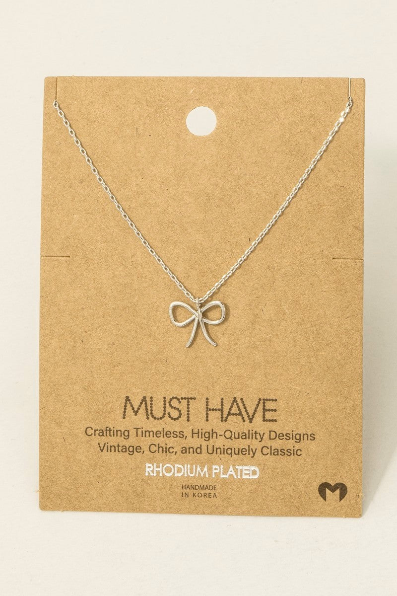 Wire Ribbon Bow Pendant Necklace - Rhodium Plated