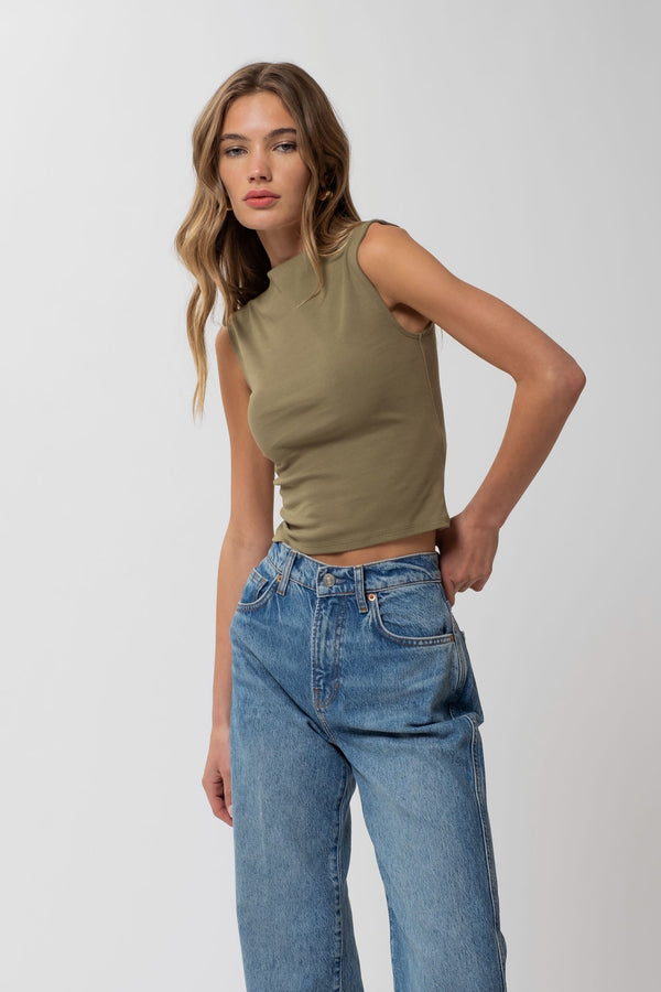 MOCK NECK SLEEVELESS CROPPED KNIT TOP in Olive