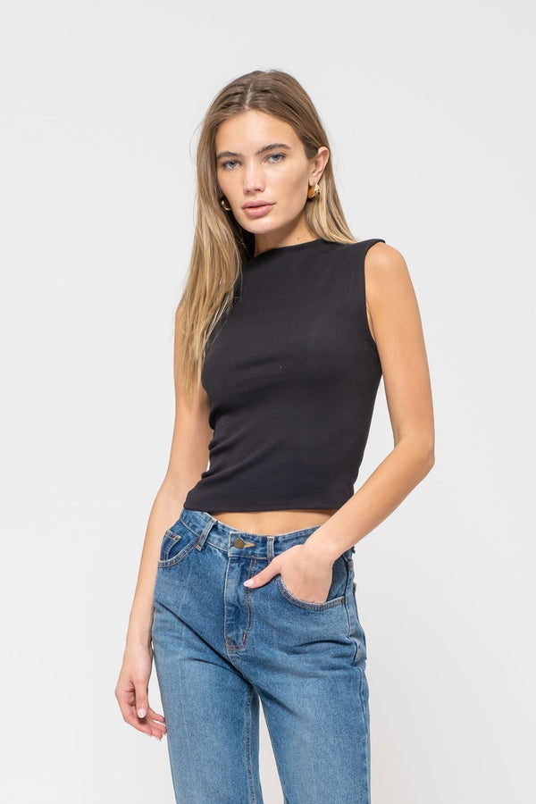 MOCK NECK SLEEVELESS CROPPED KNIT TOP in Black