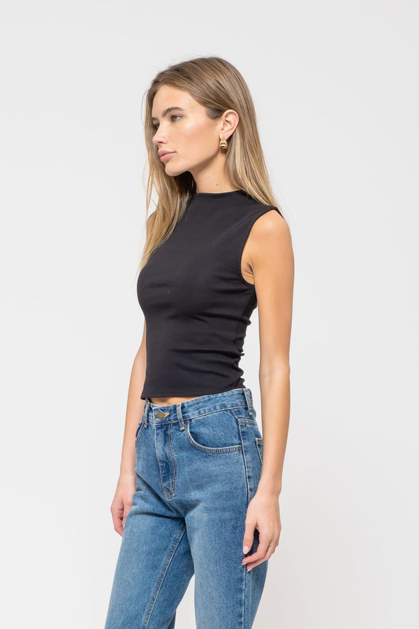 MOCK NECK SLEEVELESS CROPPED KNIT TOP in Black