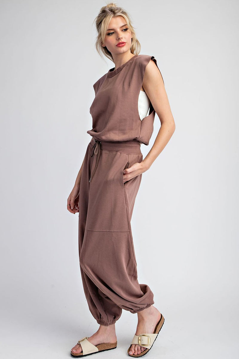 MINERAL WASHED OPEN BACK JUMPSUIT in Brown