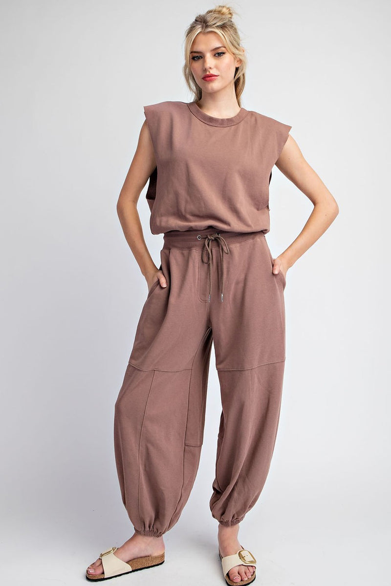 MINERAL WASHED OPEN BACK JUMPSUIT in Brown