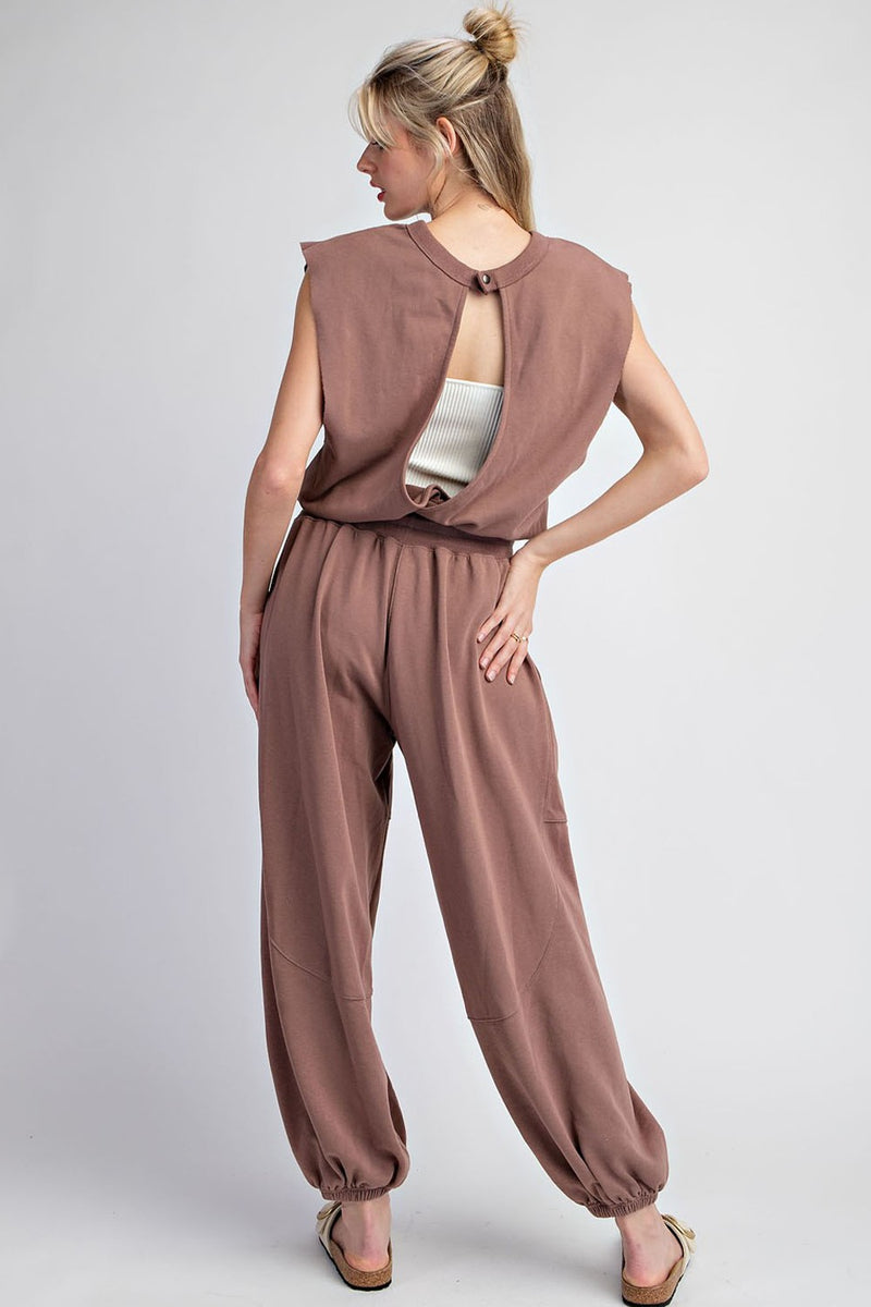 MINERAL WASHED OPEN BACK JUMPSUIT in Brown