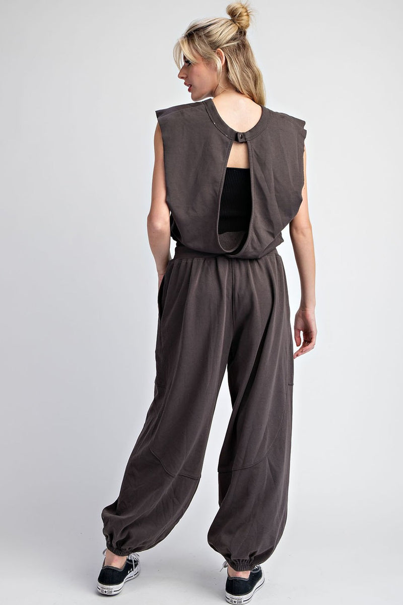 MINERAL WASHED OPEN BACK JUMPSUIT in Ash