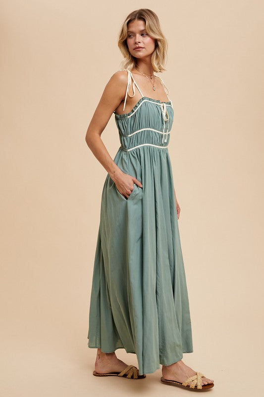 COTTON BLEND CONTRAST TRIM MAXI DRESS- in Elemental Blue-Final Sale