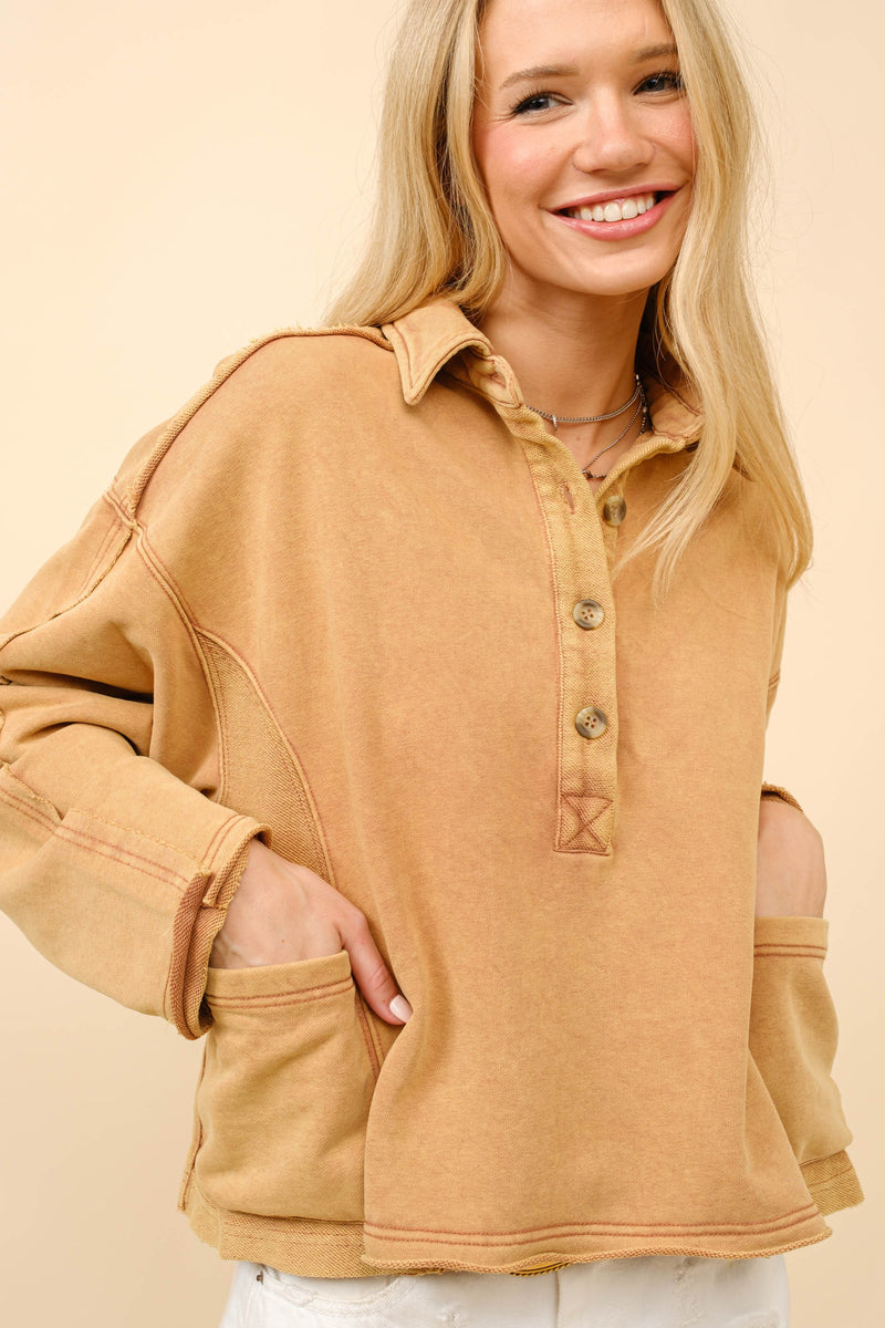 Garment Washed Button Up Collared Sweatshirt