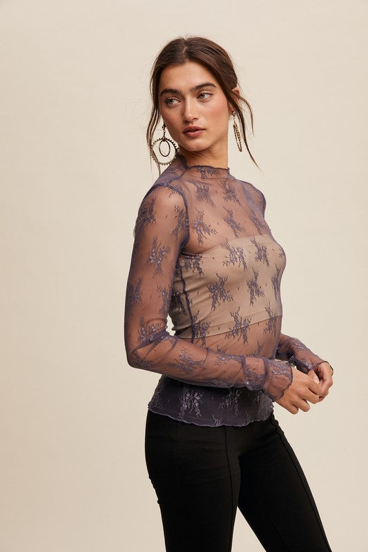 Lace Mock Neck Long Sleeve Layering Top in Midnight (XS-XL)