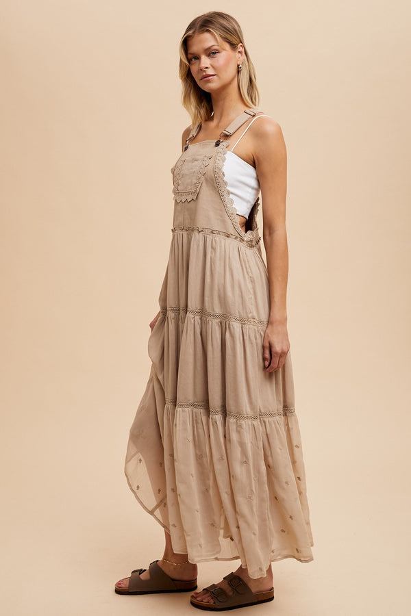 EMBROIDERED SKIRTALL WITH LACE INSETS in Khaki