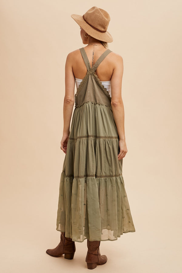EMBROIDERED SKIRTALL WITH LACE INSETS in Olive