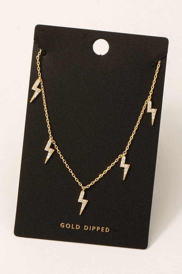 Gold Dipped Cz Pave Lightning Bolt Charms Chain Necklace