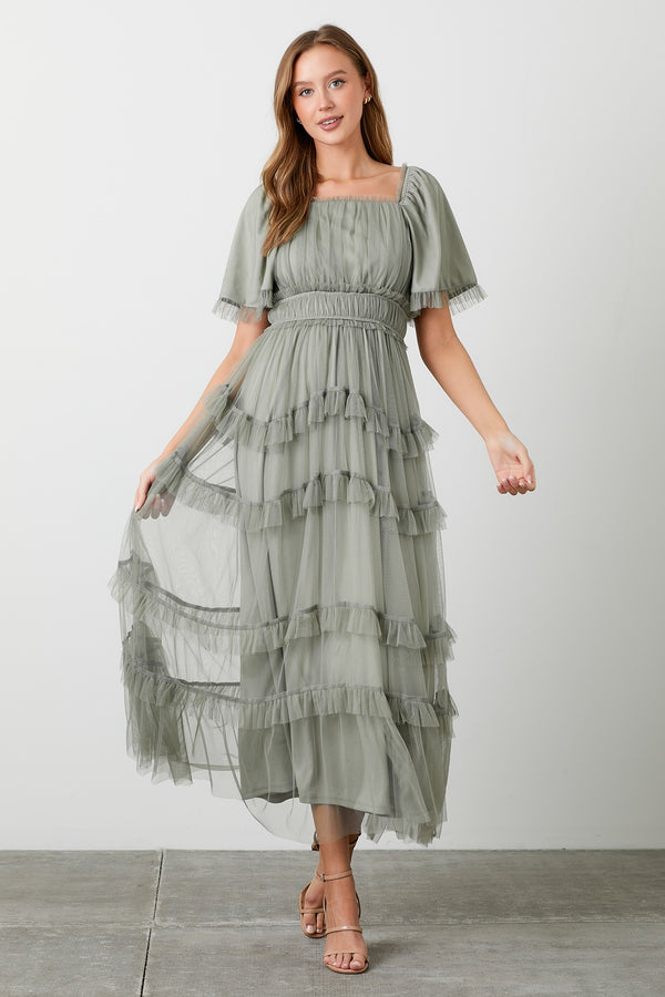 SHEER TIERED TULLE MAXI DRESS (1XL-3XL OLIVE)