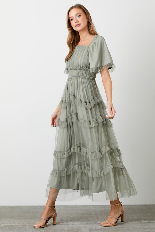 SHEER TIERED TULLE MAXI DRESS (1XL-3XL OLIVE)