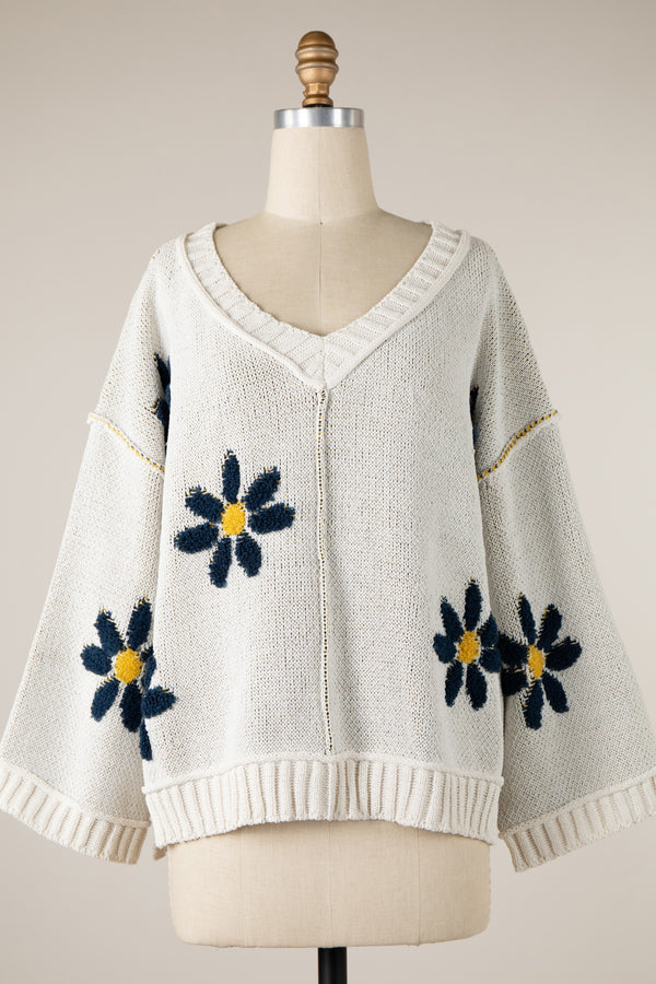 DAISY SOFT KNIT SWEATER V NECK BELL SLEEVES TOP (IVORY)