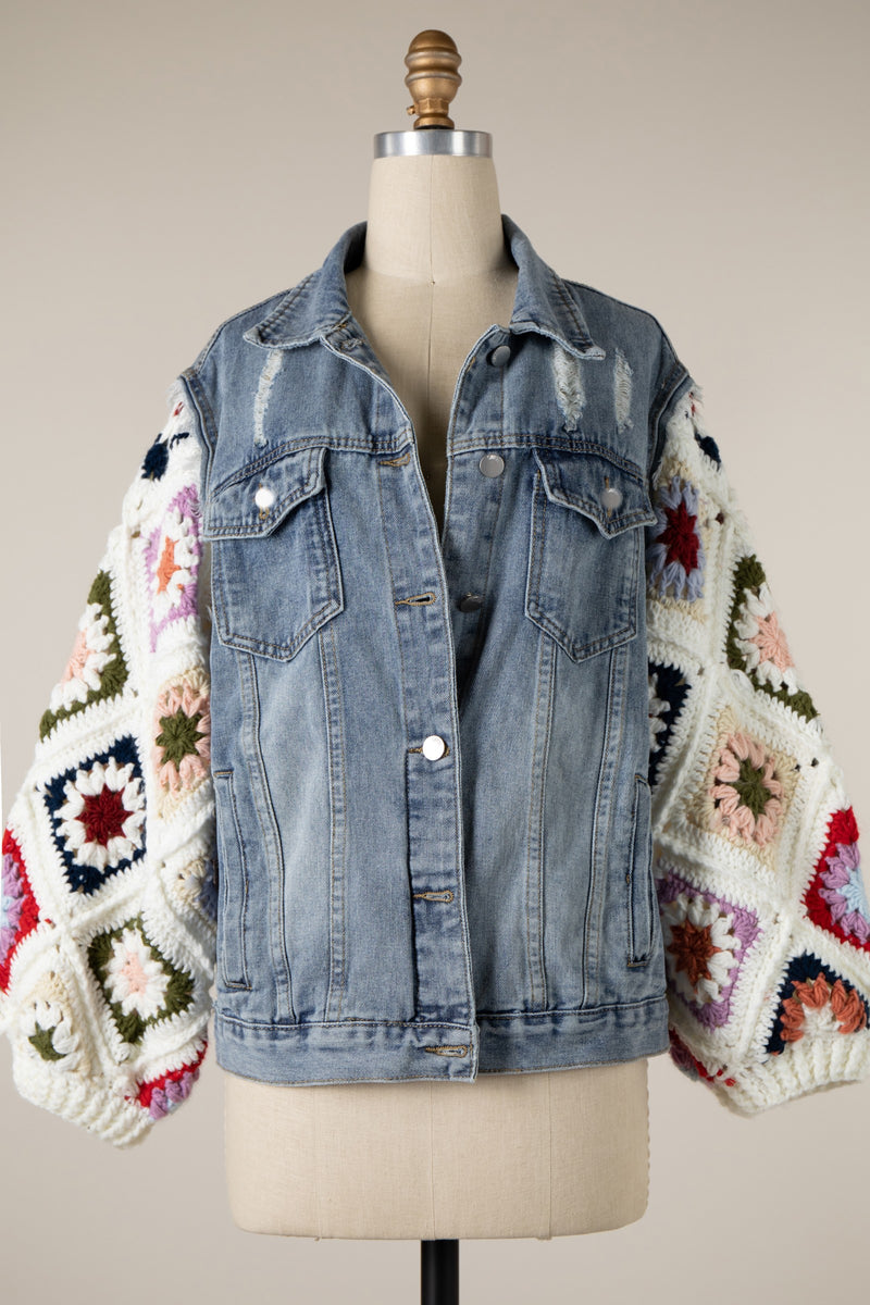 DENIM JACKET DIAMOND FLOWER GRANNY SQUARE SLEEVES