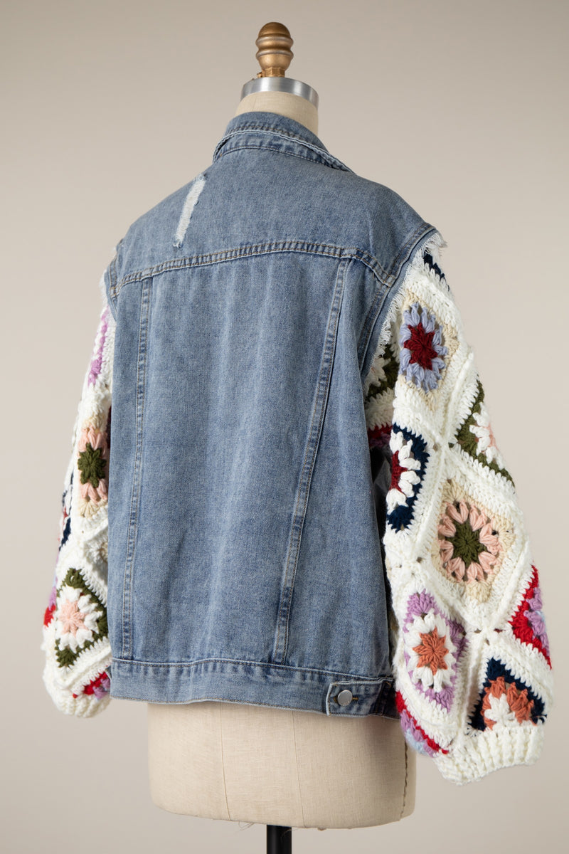 DENIM JACKET DIAMOND FLOWER GRANNY SQUARE SLEEVES