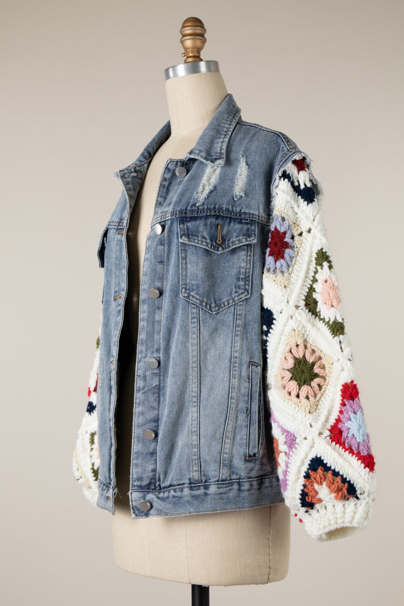 DENIM JACKET DIAMOND FLOWER GRANNY SQUARE SLEEVES