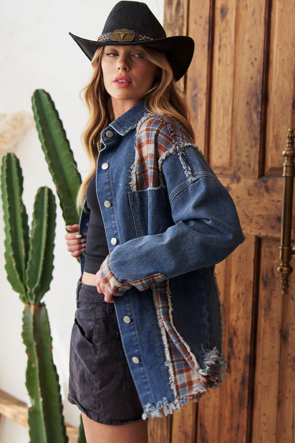 Denim And Plaid Colorblock Jacket W Unfinished Hem
