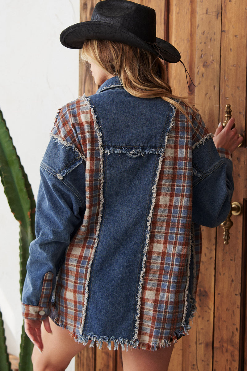 Denim And Plaid Colorblock Jacket W Unfinished Hem