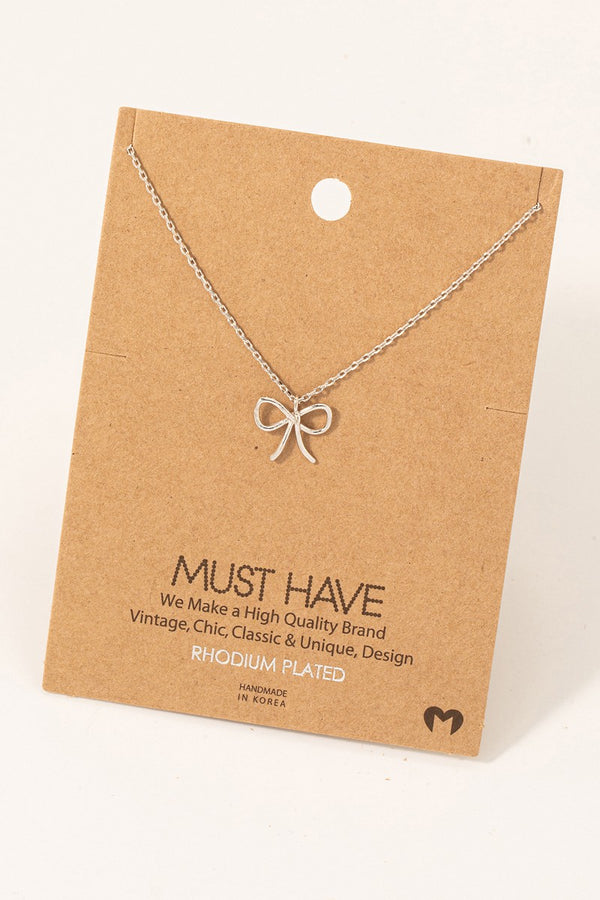 Wire Ribbon Bow Pendant Necklace - Rhodium Plated