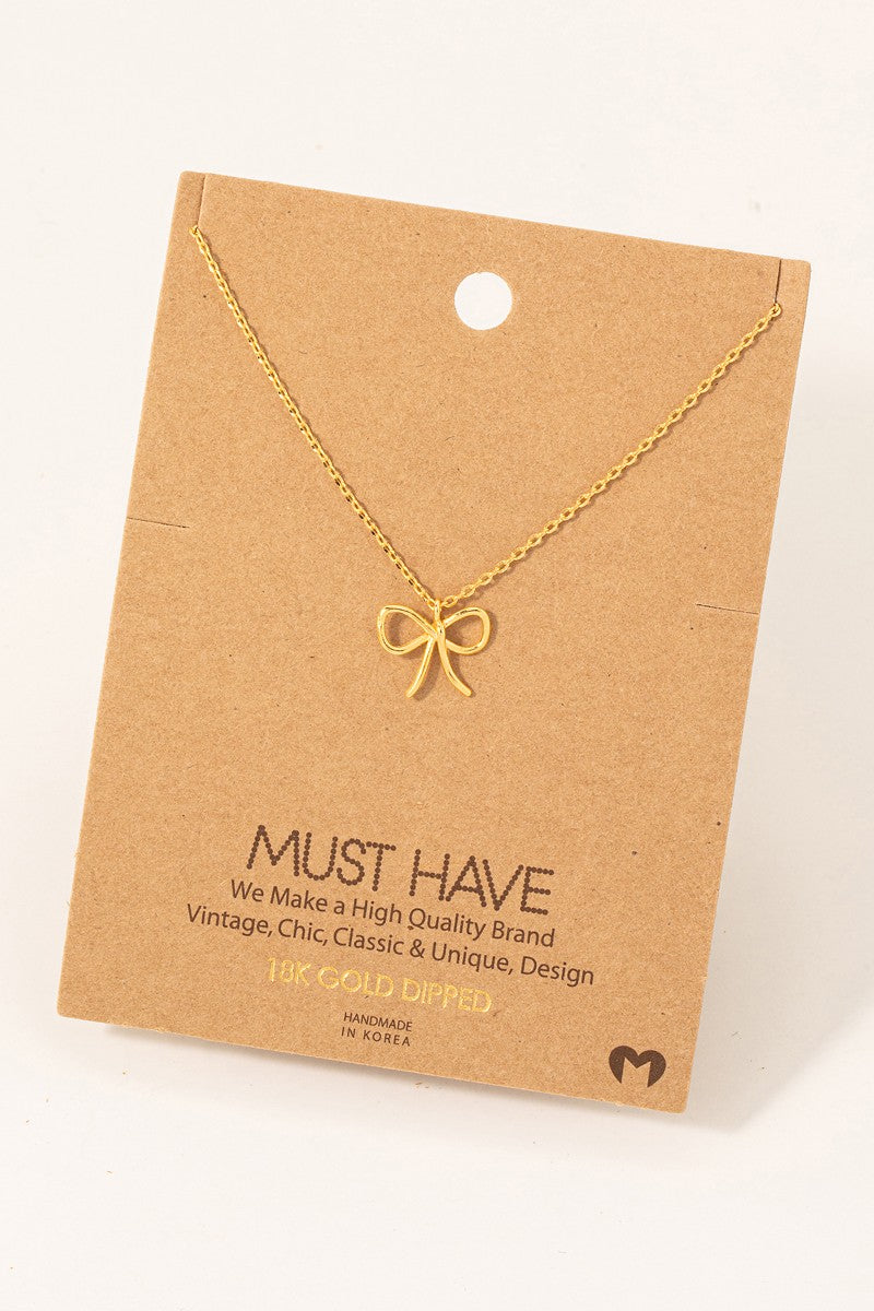 Wire Ribbon Bow Pendant Necklace - Gold Dipped