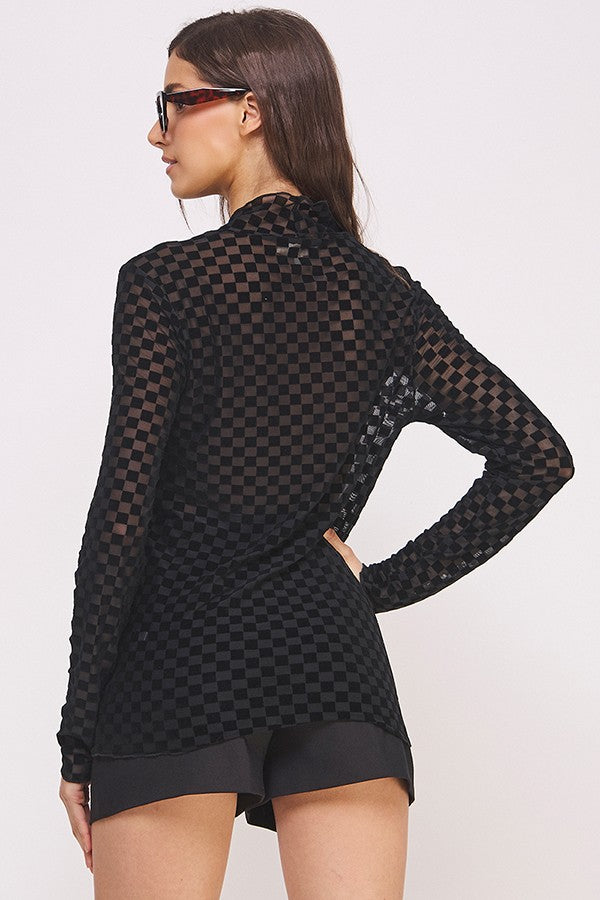 Black on Black Long Sleeve Checkered Mesh Mock Neck Top (Available in Sizes Small-XL)
