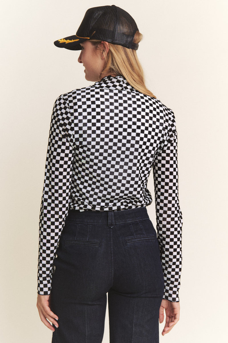 White and Black Long Sleeve Checkered Mesh Mock Neck Top (Available in Sizes Small-XL)
