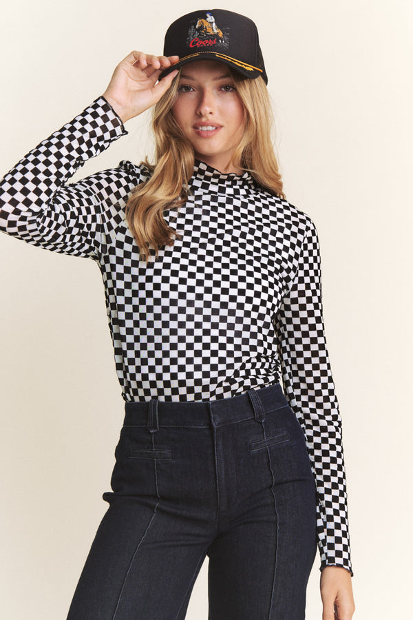 White and Black Long Sleeve Checkered Mesh Mock Neck Top (Available in Sizes Small-XL)
