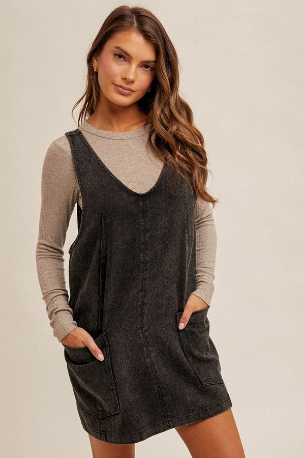 SNOW WASH TWILL OVERALL DRESS (BLACK)