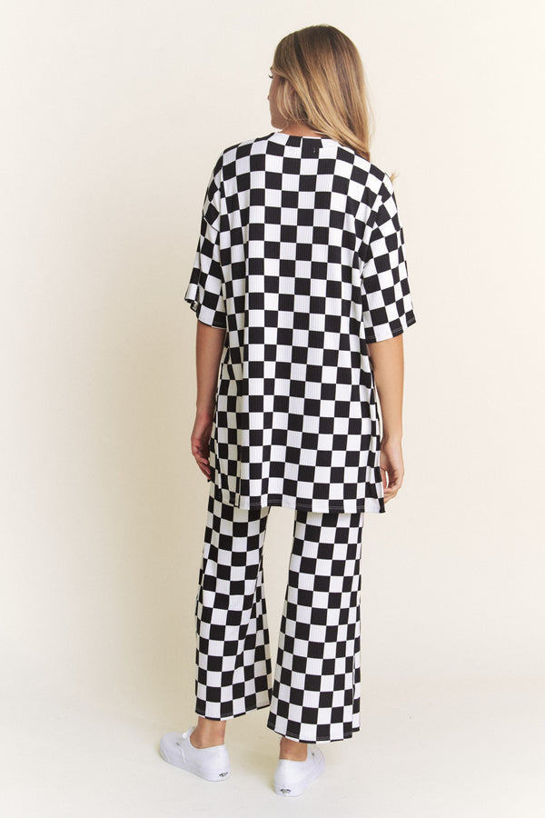 Ribbed Checkered Print Straight Leg Pants (PANTS ONLY)