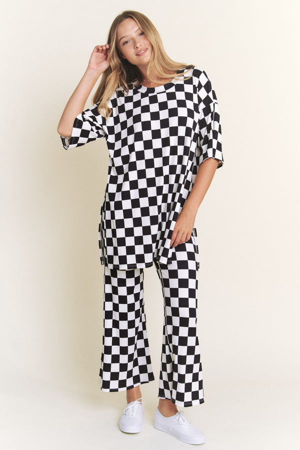 Ribbed Checkered Print Straight Leg Pants (PANTS ONLY)