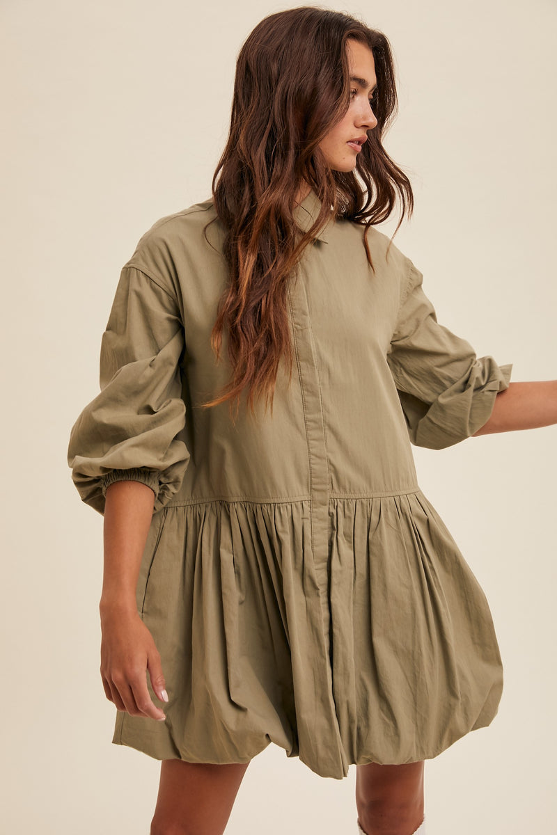 Button Down Collared Long Sleeve Bubble Hem Dress