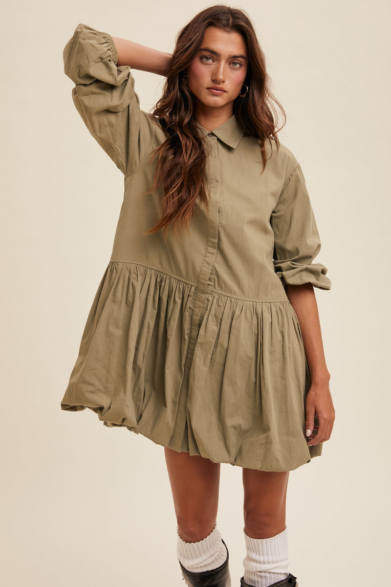 Button Down Collared Long Sleeve Bubble Hem Dress