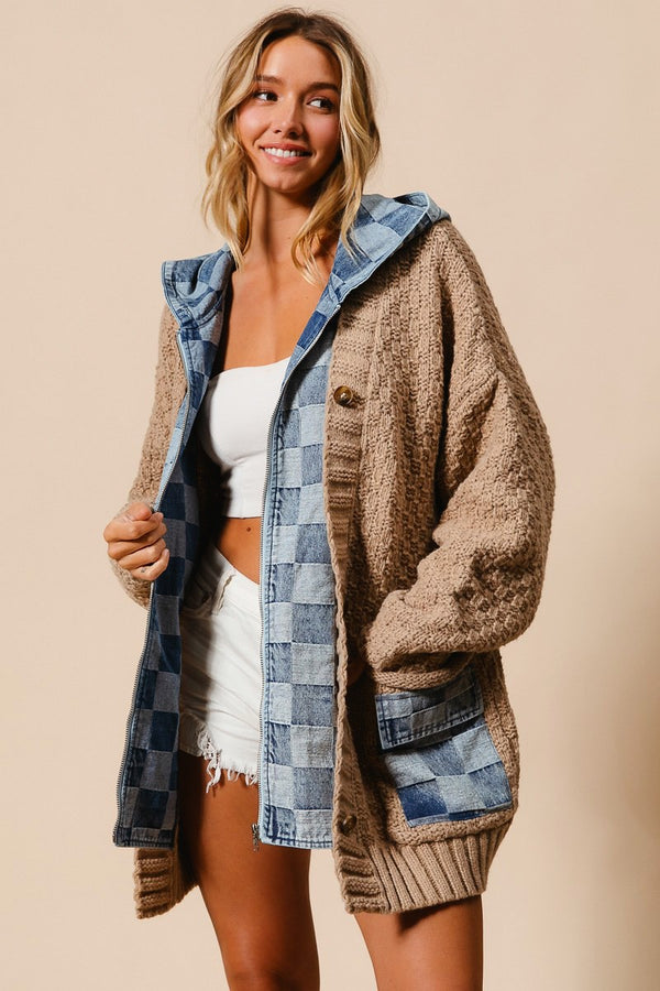 WASHED CHECKER DENIM ZIP UP SWEATER CARDIGAN (S-XL)