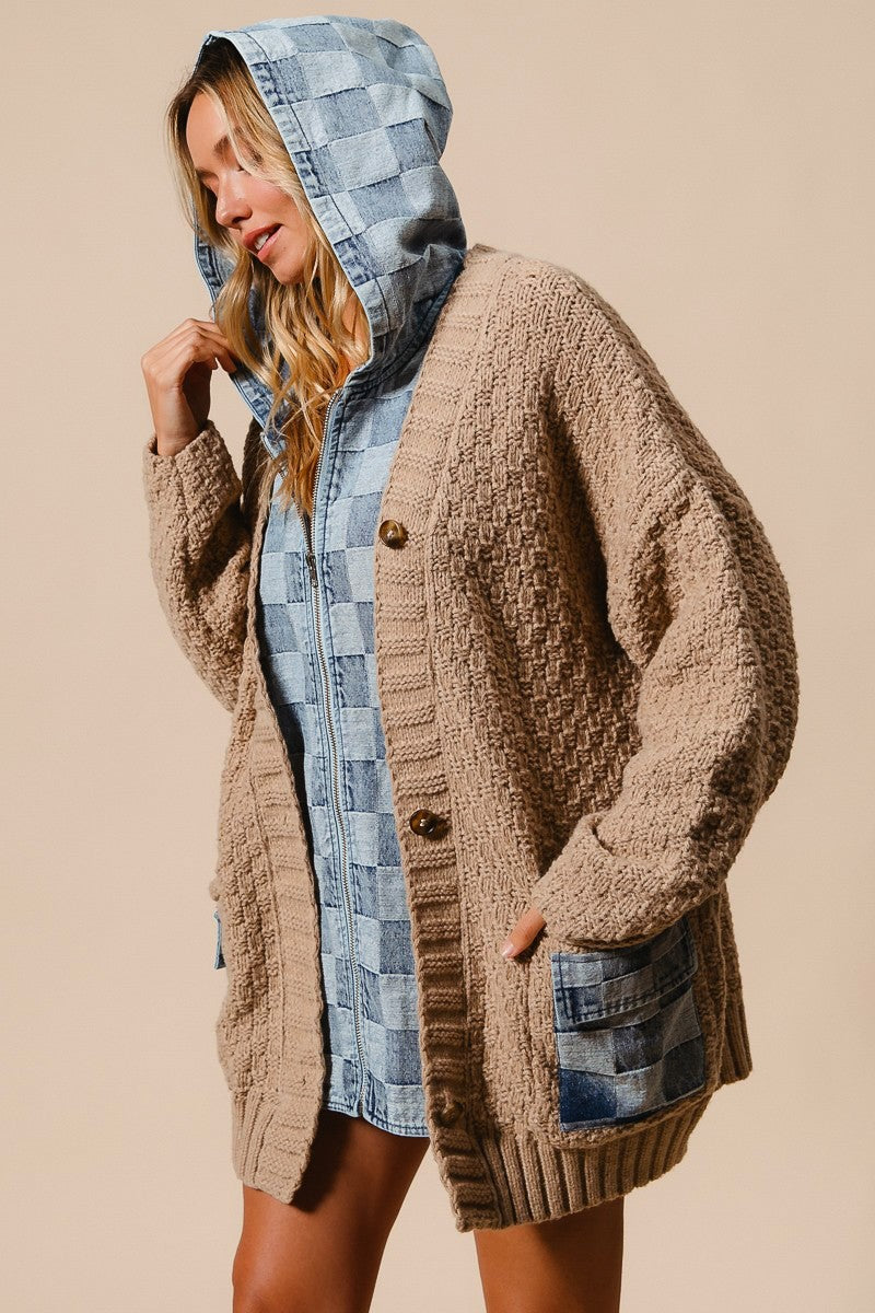 WASHED CHECKER DENIM ZIP UP SWEATER CARDIGAN (S-XL)