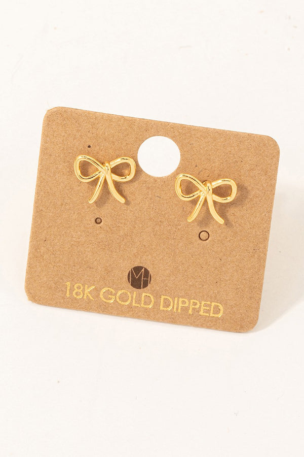 Gold Dipped Wire Ribbon Bow Stud Earrings in Gold